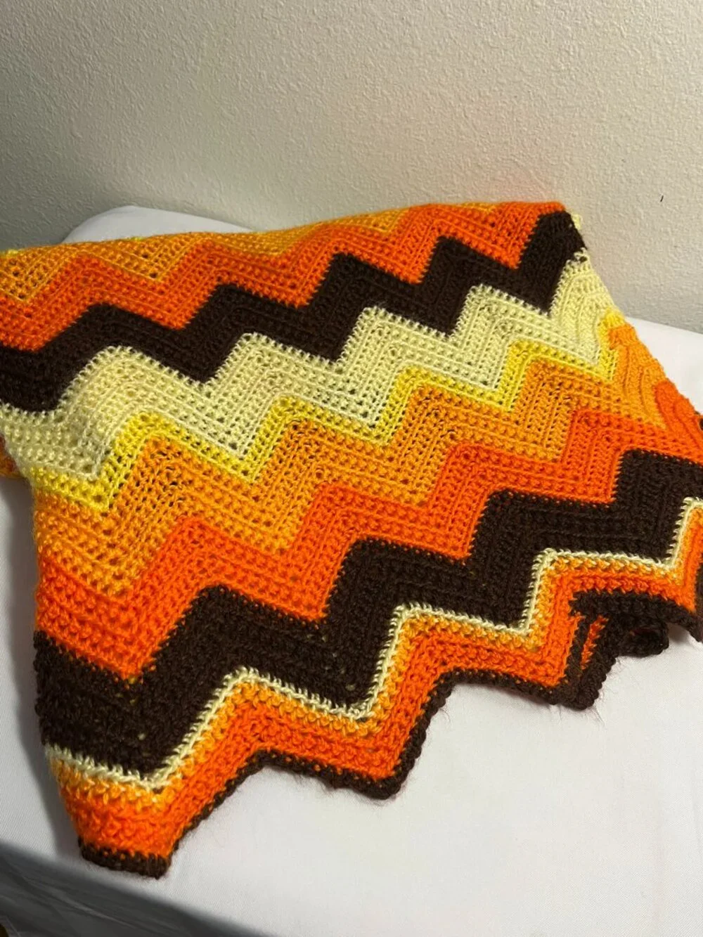 Vintage Crochet Afghan Chevron Zig Zag Orange Fall Autumn Colors 49 X 63